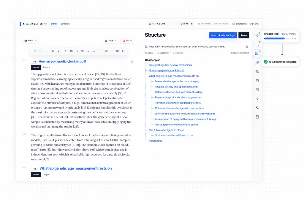 The Structure review in AI Book Editor: the chapter is read and subheadings are suggested in place. Illustration built on the real interface.