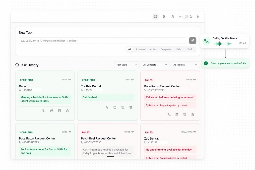 Task history in the personal call agent: a request goes in, a phone call is made, the outcome comes back. Illustration built on the real interface.