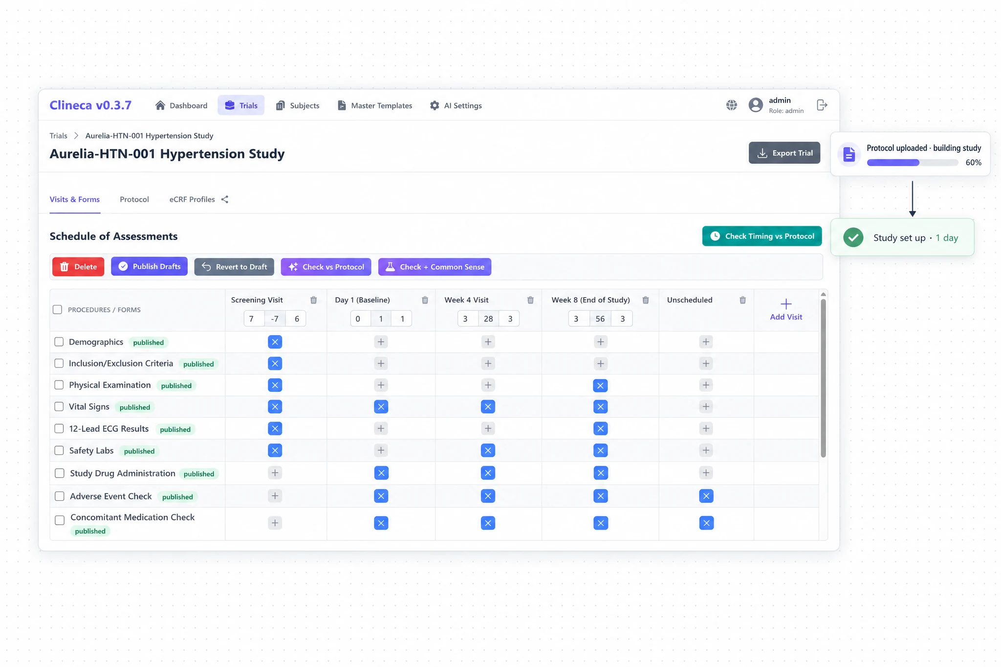 Clinical Trial Workspace: interface with two illustrative callouts