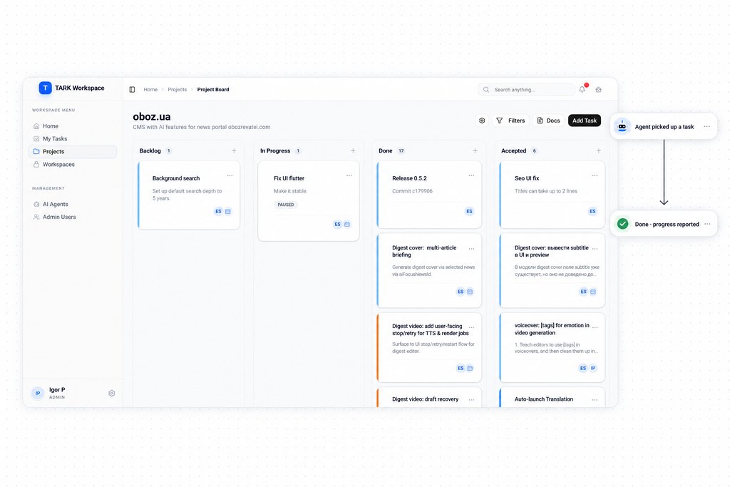 The project board: an agent picks up a task and reports progress next to human work. Illustration built on the real interface.