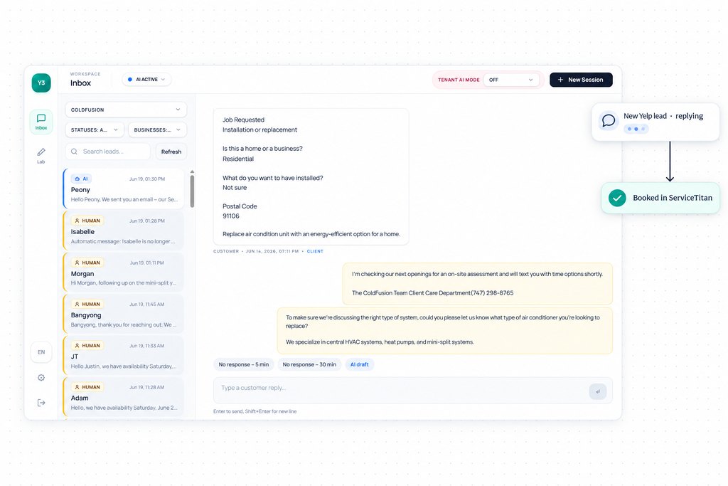 The shared inbox: a new Yelp lead is answered and booked into ServiceTitan. Illustration built on the real interface.