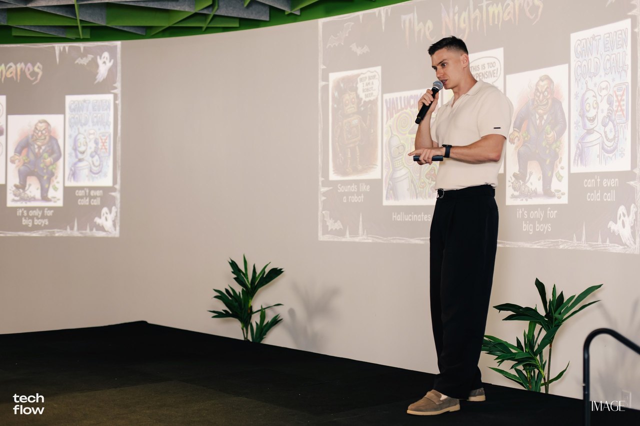 Ihor Parinov speaking about AI agent adoption at Tech Flow
