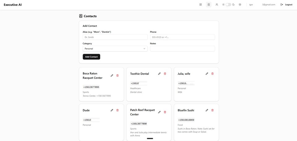 Contact book storing reusable people and businesses with categories, phone numbers, and task-relevant notes.