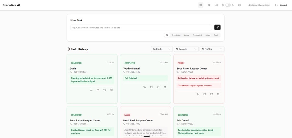 Task history showing completed and failed real-world call outcomes across personal errands, bookings, and follow-up requests.