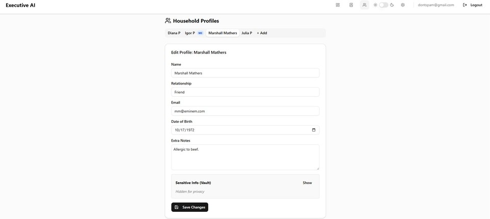 Household profile editing with personal context visible while sensitive vault data remains hidden by default.