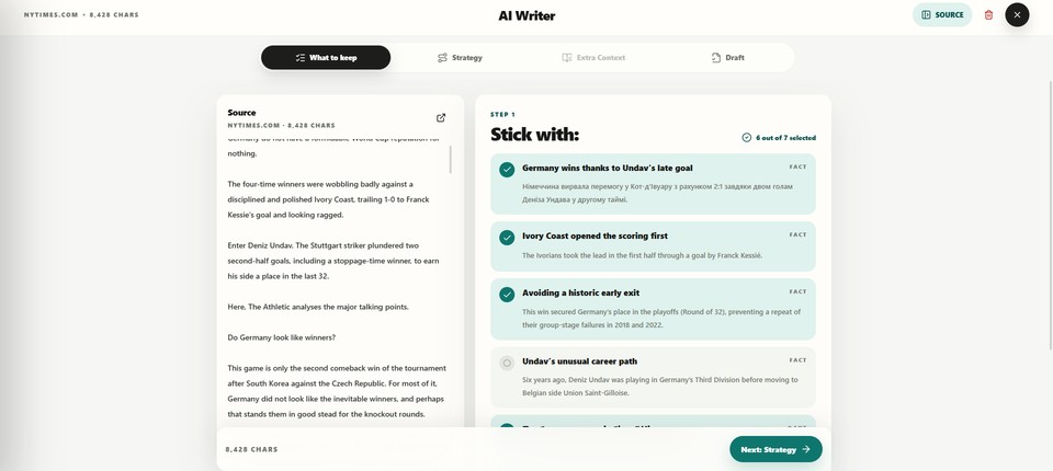 Source parsing and selection before article generation.