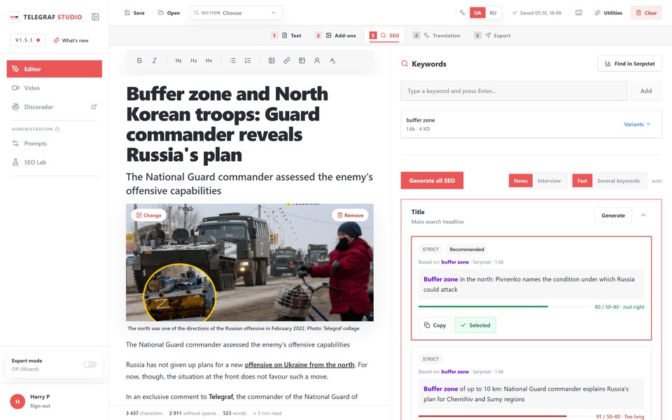 Search headline variants built on a Serpstat keyword, each with a length meter.