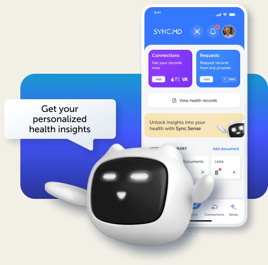 SyncMD mobile experience connecting medical records, provider requests, document access, and personalized Sync.Sense insights.