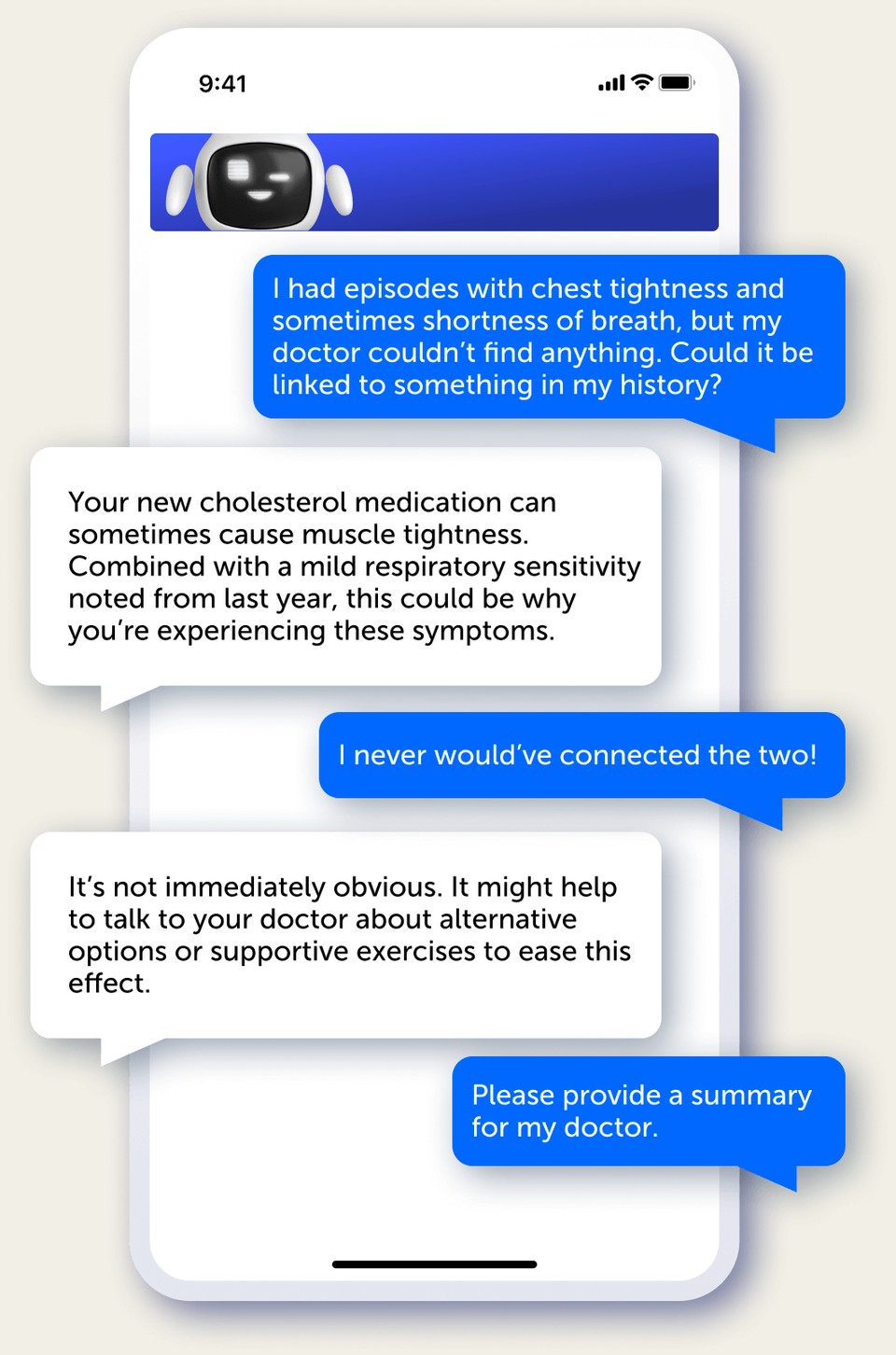 Sync.Sense connecting a current symptom with medication and historical context, then preparing a summary for the patient's doctor.