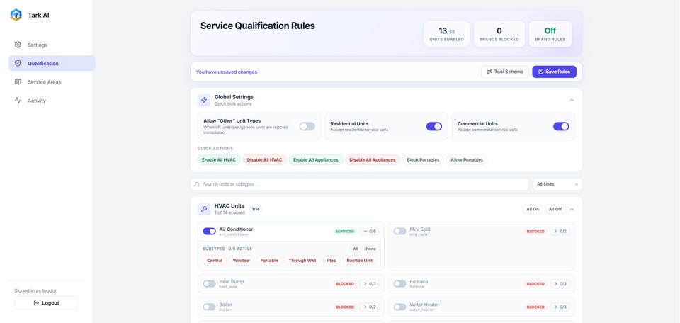 Service qualification rules for a home-services voice agent.