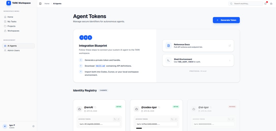 Agent token onboarding with generated SKILL.md context, protocol references, and secure identities for autonomous agents.