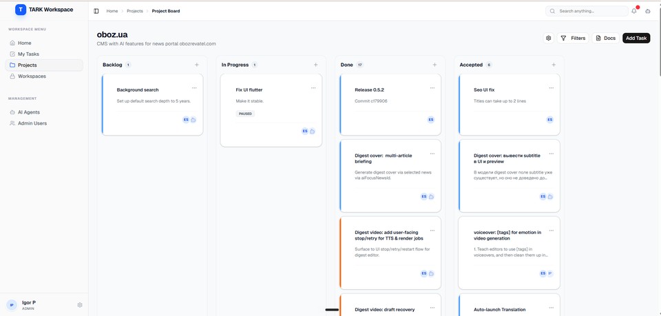 Project board showing human and agent work flowing through the same backlog, in-progress, done, and accepted states.