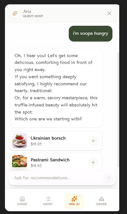 Conversation with an AI assistant grounded in the restaurant menu.