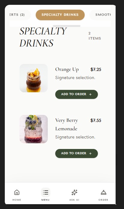 Menu browsing with categories and item-level ordering controls.