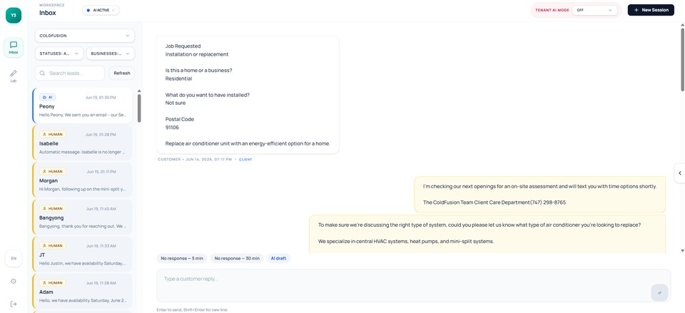 The shared inbox shows lead context, AI activity, staff messages, and booking state.