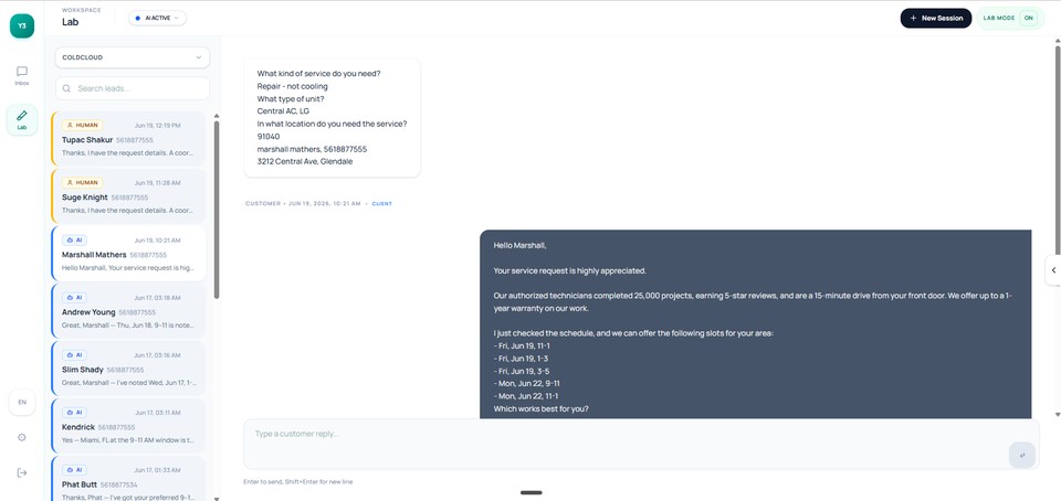 Lab mode used to inspect how the agent responds to a service request.