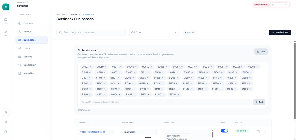 Business settings for service areas and tenant-level behavior.